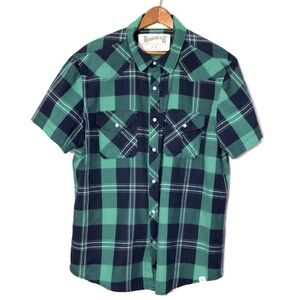 Roebuck & Co Mens Green & Blue Plaid Short Sleeve Cotton Shirt Size Large
